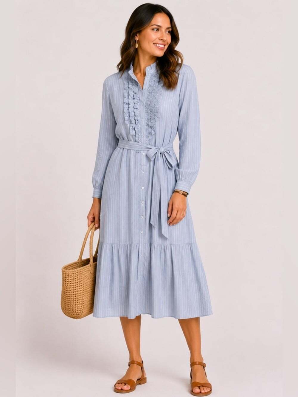 Soya Concept Dress Medium Blue Striped Ruffle T-Shirt Midi Lightweight Casual